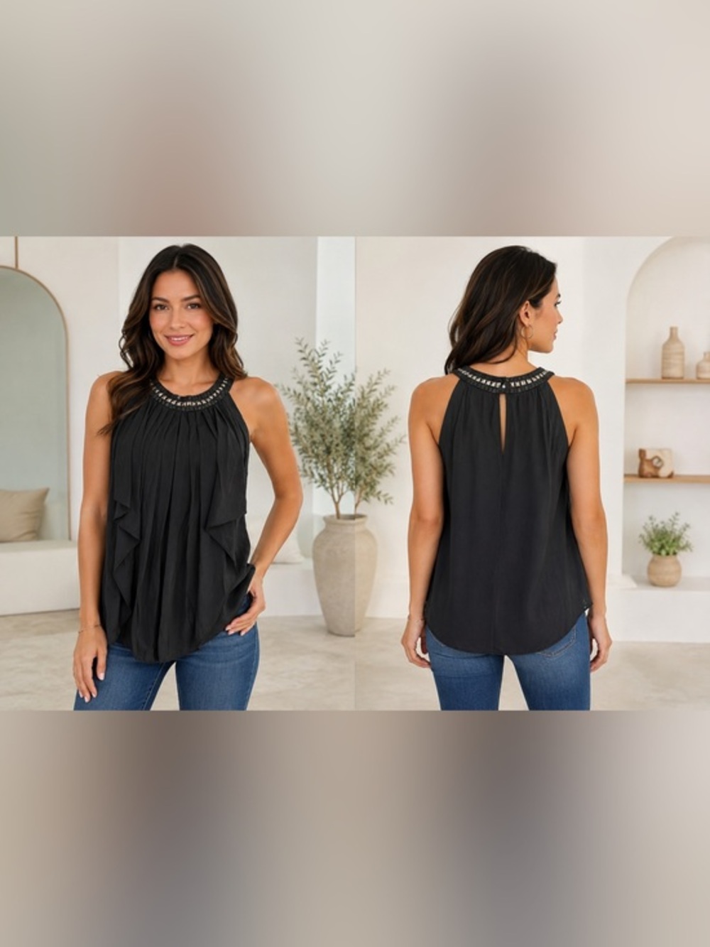 ✨ BCBGMAXAZRIA Silk Halter Blouse Beaded Neckline Black S/M - Like New! ✨